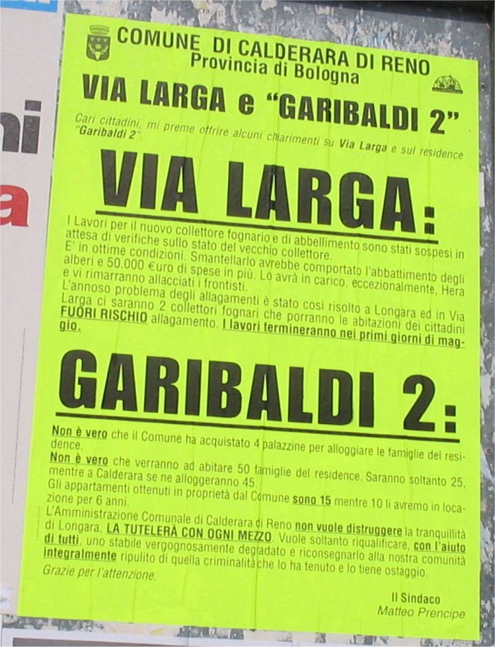 Manifesto del sindaco Prencipe ai cittadini di Longara